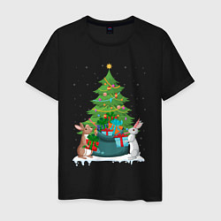Мужская футболка Кролики елка и мешок подарков