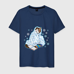 Мужская футболка Зимний кот в одеялке с книгой