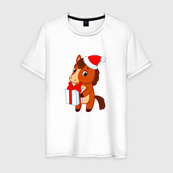 Мужская футболка Мультяшная лошадка в шапке Санты