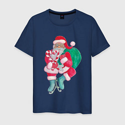 Футболка хлопковая мужская Санта Клаус с мешком подарков на коньках, цвет: тёмно-синий