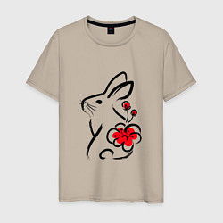 Футболка хлопковая мужская Силуэт кролика с японским цветком, цвет: миндальный