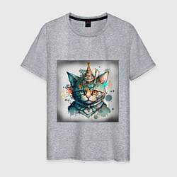 Мужская футболка Абстрактный акварельный кот с колпаком и брызгами