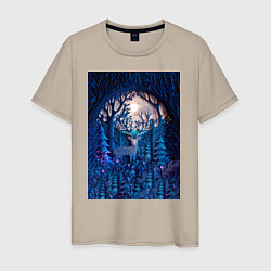 Мужская футболка Объемная иллюстрация из бумаги лес и олень на сине