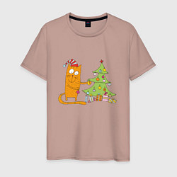 Мужская футболка Кот наряжает новогоднюю ёлку