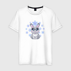 Мужская футболка Милый зайчонок смотрит на снежинку