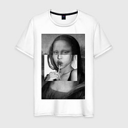 Мужская футболка Мона Лиза с чупа чупсом - чёрно белая