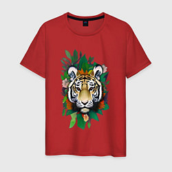 Мужская футболка Голова Тигра среди листьев и цветов, Тигр символ 2