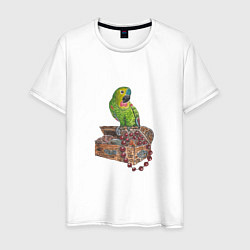 Мужская футболка Зеленый попугай на сундуке с сокровищами