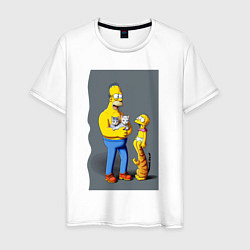 Футболка хлопковая мужская Homer Simpson and cats - нейросеть арт, цвет: белый