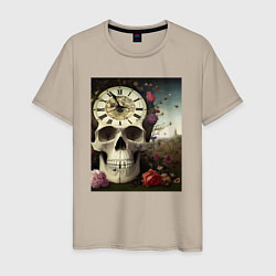 Мужская футболка Помни о смерти- череп, часы, цветы