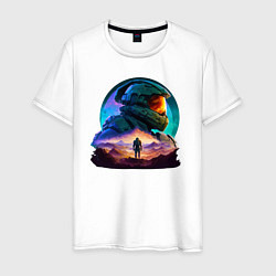 Мужская футболка Киборг и космический пейзаж