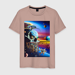 Мужская футболка Иллюзия черепа - неоновый закат - нейросеть -сюрре