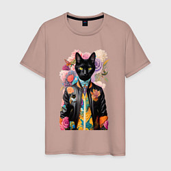 Футболка хлопковая мужская Чёрный кот модник - нейросеть, цвет: пыльно-розовый
