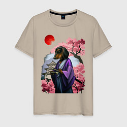 Мужская футболка Такса-Самурай весенняя на фоне сакуры