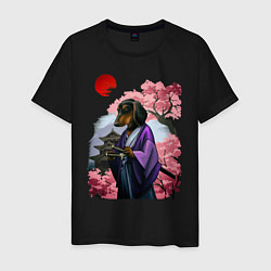 Мужская футболка Такса-Самурай весенняя на фоне сакуры