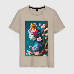 Мужская футболка Девушка с птицей на фоне цветущей сакуры