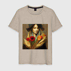 Мужская футболка Девушка с цветами в стиле экспрессионизм, дизайн 1