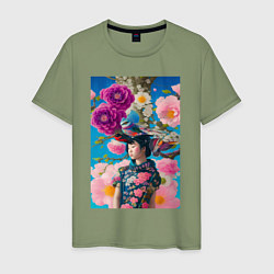Мужская футболка Японская девушка с птицами - нейросеть