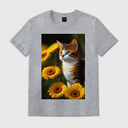 Футболка хлопковая мужская Red cat in flowers, цвет: меланж