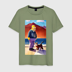 Мужская футболка Retired Homer Simpson walks with a cat