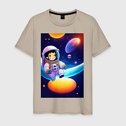Футболка хлопковая мужская Мультяшный астронавт, цвет: миндальный