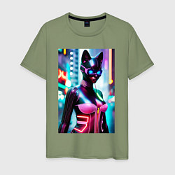 Мужская футболка Девушка-кошка - киберпанк - нейросеть