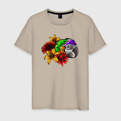 Футболка хлопковая мужская Попугай в цветах, цвет: миндальный