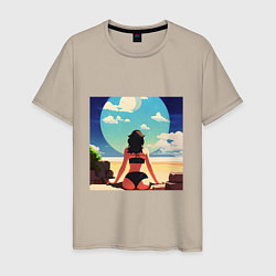 Футболка хлопковая мужская Девушка на пляже, цвет: миндальный