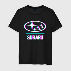 Футболка хлопковая мужская Значок Subaru в стиле glitch, цвет: черный