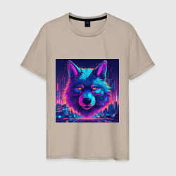 Мужская футболка Волк в неоновых лучах киберпанк-города