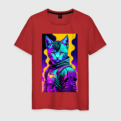 Мужская футболка Прикольный неоновый котёнок - киберпанк