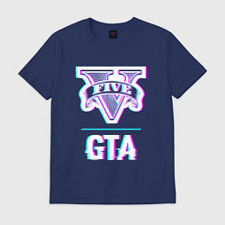 Футболка хлопковая мужская GTA в стиле glitch и баги графики, цвет: тёмно-синий