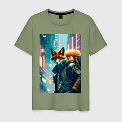 Мужская футболка Лисица в большом городе - киберпанк