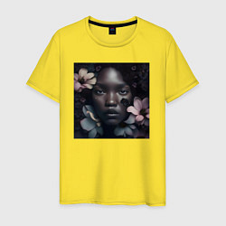 Мужская футболка Девушка в чёрных матовых цветах - нейросеть