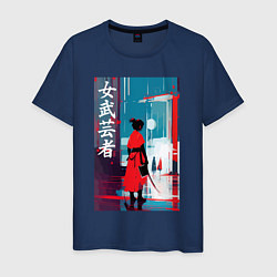 Футболка хлопковая мужская Онна-бугэйся - девушка-самурай - иероглифы - Япони, цвет: тёмно-синий