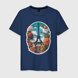 Футболка хлопковая мужская Эйфелева башня в цветах, цвет: тёмно-синий