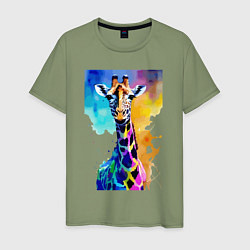 Футболка хлопковая мужская Маленький жирафёнок - Африка - акварель, цвет: авокадо