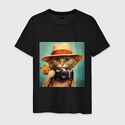 Мужская футболка Кот в соломенной шляпе с фотоаппаратом