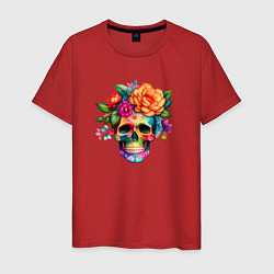 Мужская футболка Череп с цветами в мексиканском стиле
