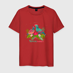 Мужская футболка Влюбленные попугаи среди тропических листьев
