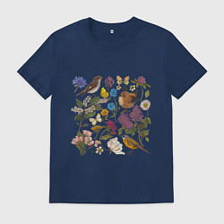 Футболка хлопковая мужская Цветение и птички, цвет: тёмно-синий