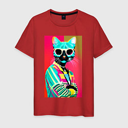 Футболка хлопковая мужская Cat in sunglasses - pop art, цвет: красный