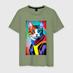 Мужская футболка Котик с разными по цвету глазами - поп-арт