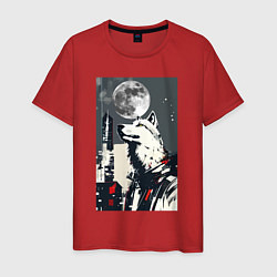 Мужская футболка Волк на фоне луны - мегаполис - нейросеть