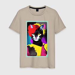 Футболка хлопковая мужская Lady cat - pop art - neural network, цвет: миндальный