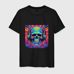 Мужская футболка Череп скелет кислотный в наушниках в стиле ретровэ