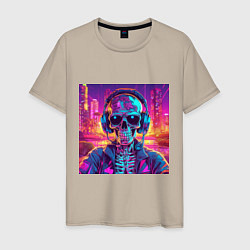 Мужская футболка Скелет в наушниках в неоновом свете