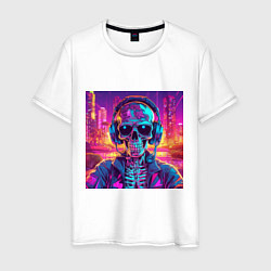 Мужская футболка Скелет в наушниках в неоновом свете