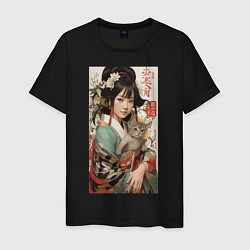Мужская футболка Японская девочка в кимоно с котенком