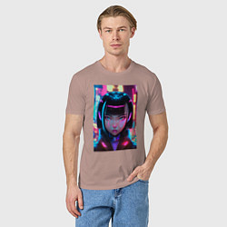 Футболка хлопковая мужская Девушка киберпанк с черными волосами, цвет: пыльно-розовый — фото 2